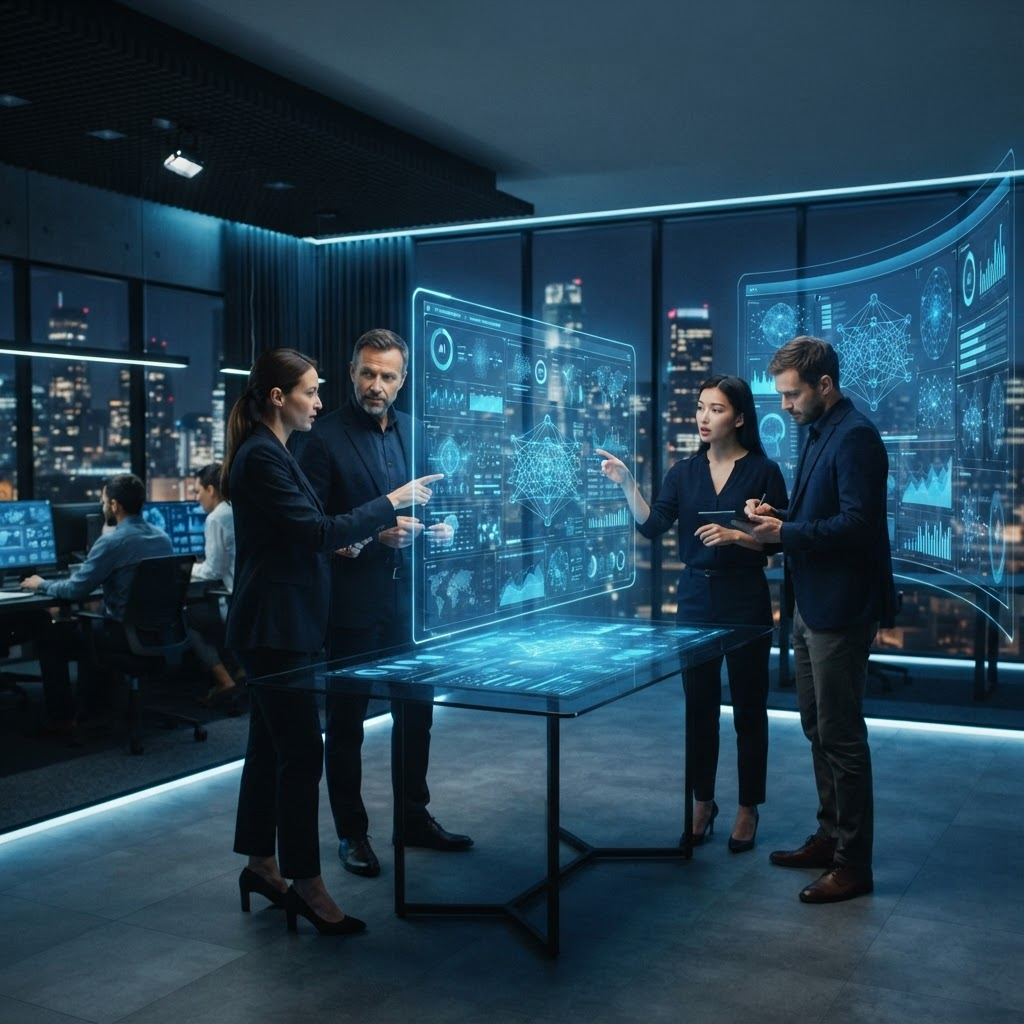 Dual Core Intelligence consulting team analyzing AI data visualizations